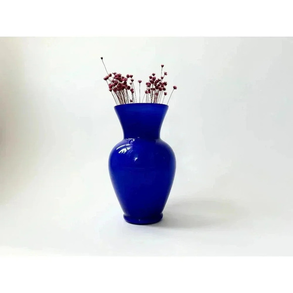 Large Cobalt Blue & White Inner Lined Vintage Midcentury Modern Glass Bud Vase - Picture 1 of 8